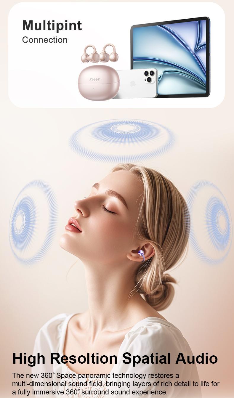 ZIHNIC M108 Clip-on Earbuds Open Ear Earbuds Wireless Bluetooth 5.4  Lightweight Open Ear Headphones with C-Shaped Bridge Slim Hook 50H Battery Waterproof for Glasses Wearers and Workouts Headset Audio