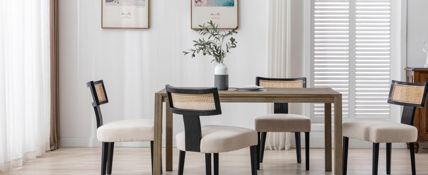 CHAIRUS  Rattan Dining Chairs Set of 2, Mid Century Modern Dining Chairs ,Linen Upholstered Dining Chairs with Rattan Back Wood Legs,  Farmhouse Linen Kitchen Chairs with Cane Curved Back Armless Solid Wood Dining Chairs, Beige