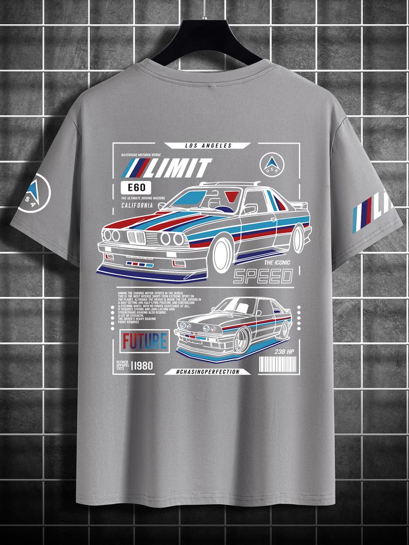 Men's Car & Letter Print Short Sleeve Graphic Tee, Regular Fit Streetwear Casual Round Neck T-shirt for Summer, Men's Top for Daily Wear