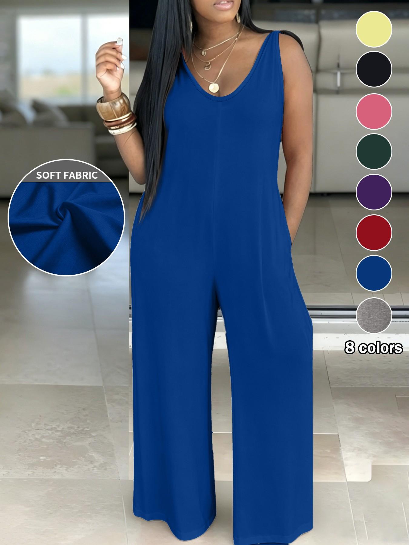 Plus Size Women's Casual Loose Simple Solid Sleeveless Pockets Wide-Leg Hooded Jumpsuits for Everyday Wear Basic