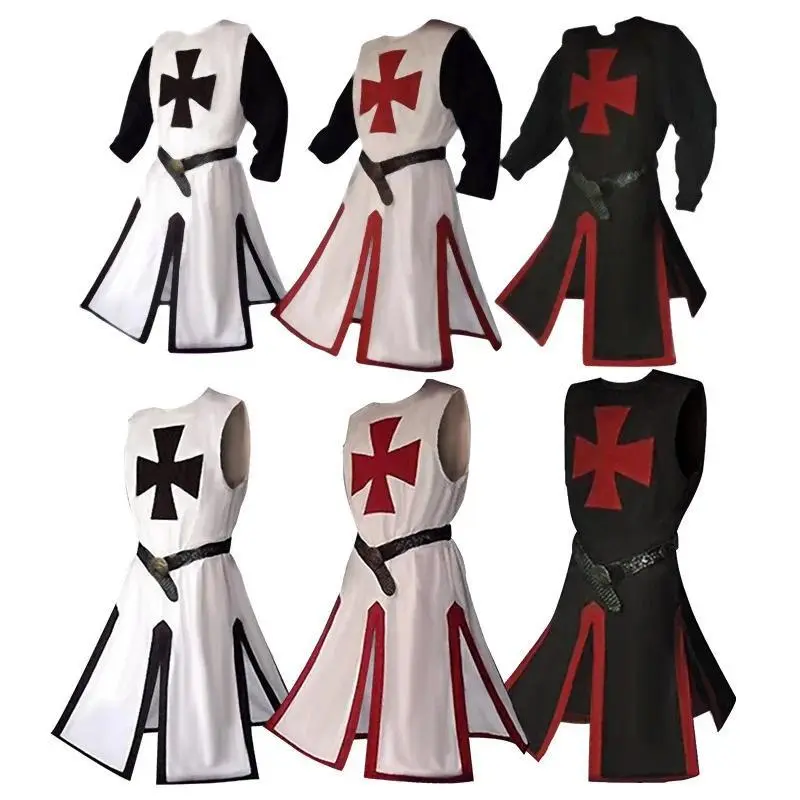 Mens Medieval Crusader Knights Templar Tunic Cosplay Costumes Renaissance Halloween Surcoat Warrior Cloak Tops Belt