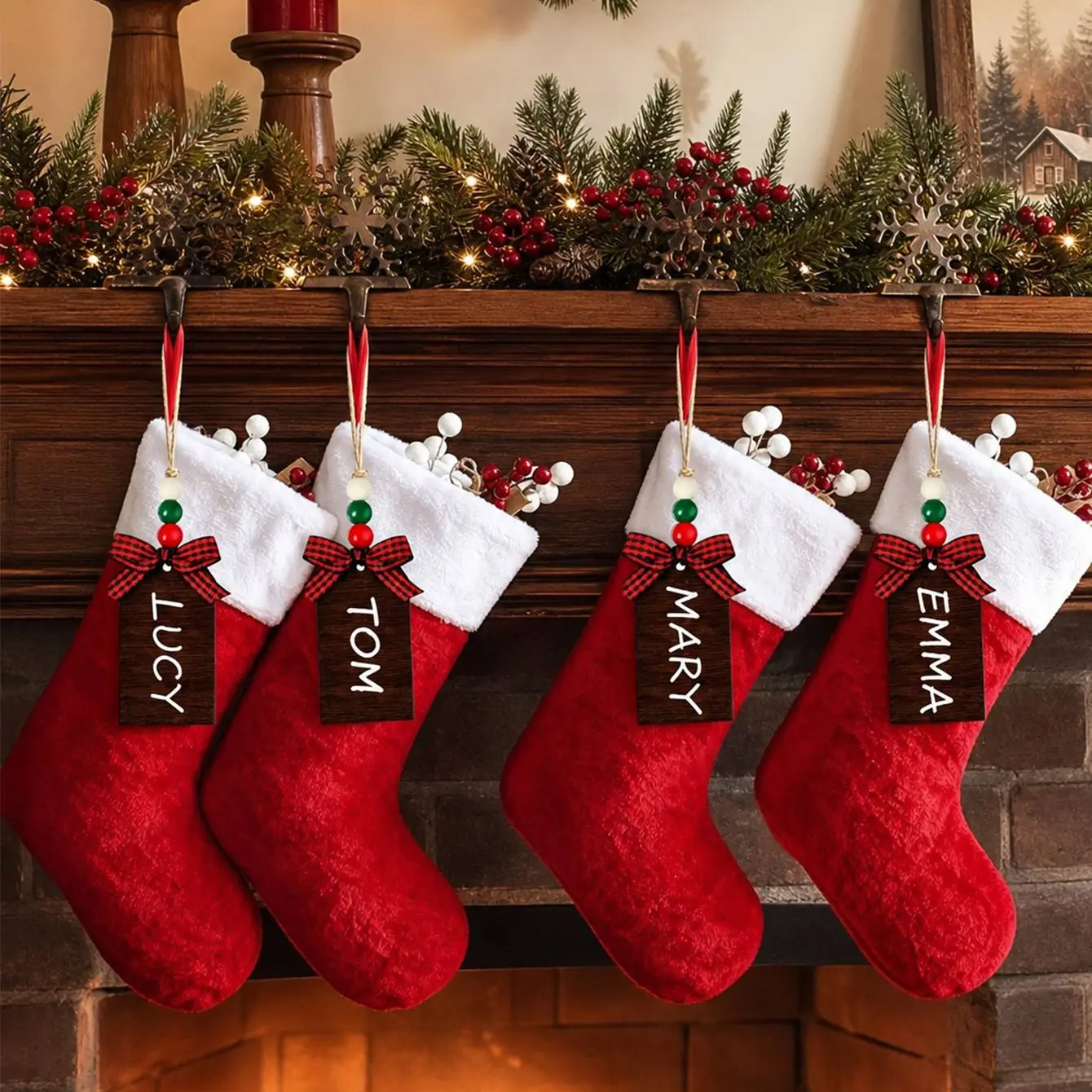 4 Pack Large Red Plush Christmas Stockings with Blank Wooden Name Tags, 18 Inch Faux Fur Xmas Stocking Set, Personalizable Wood Tags for Family Christmas Tree Fireplace Holiday Decorations
