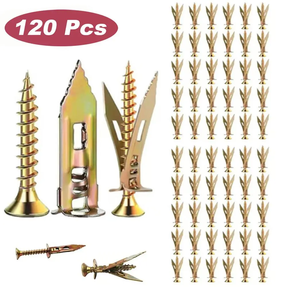 No-Drill Drywall Anchors and Screws, Heavy-Duty Zinc-Plated Carbon Steel Expansion Screws for Office TV Mounts, Office Cabinets, and Ceiling/Wall Lamp Fastening Hardware, 120 Pieces