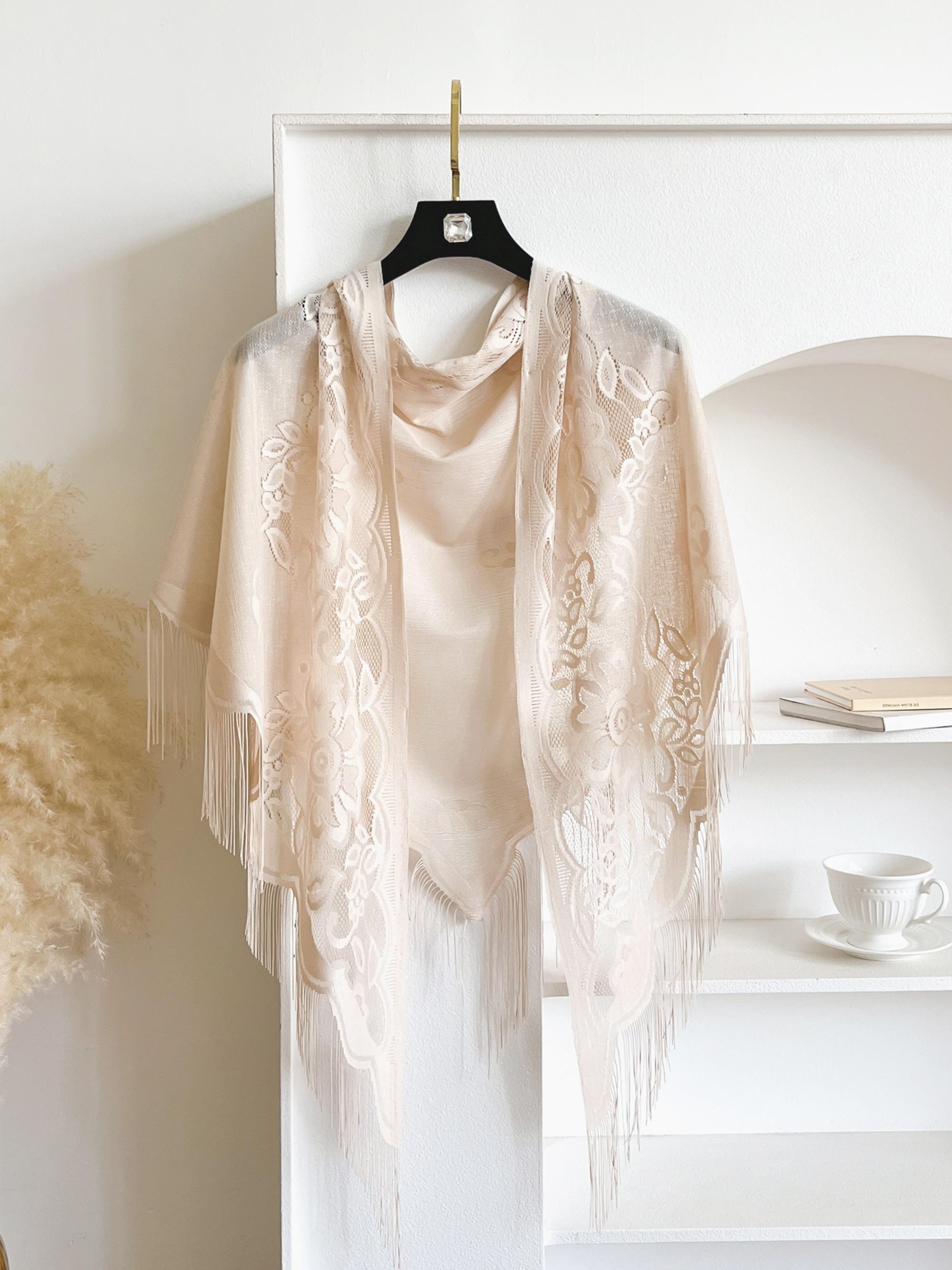 Women's Floral Lace Shawl Wrap, Elegant Sheer Scarf with Fringe Trim, Lightweight Casual Soft Accessory for Daily Wear, Casual Soft Shawl, Floral Print Shawl