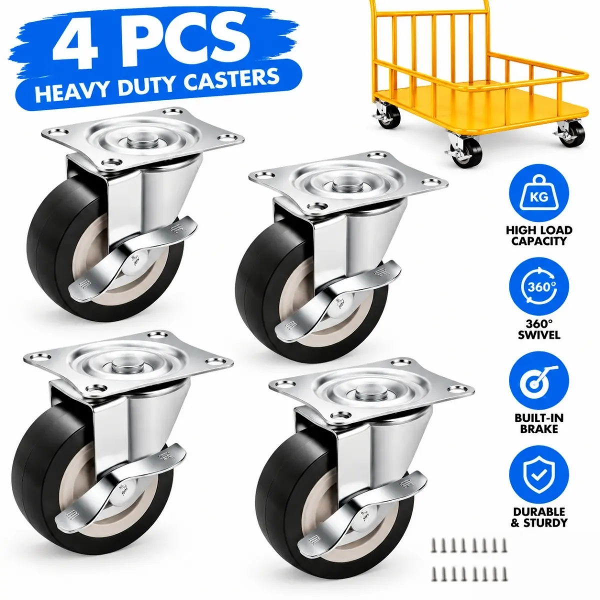 4 Pack Heavy Duty Locking Swivel Casters, Lockable Casters, 2 Inch PVC Wheels with Brakes, 360° Rotation, Quiet Rolling Furniture Wheels for Tables, Beds, Cabinets, Storage Bins and Utility Carts, with 16 Screws