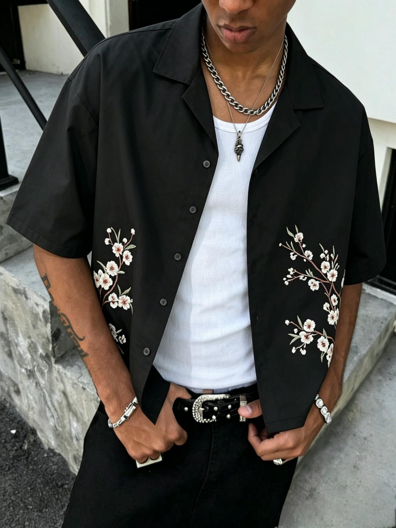 Gift for Boyfriend, Japanese Cherry Blossom Print Cuban Collar Short Sleeve Shirt, Loose Fit Floral Casual Summer Top, Comfortable and Stylish