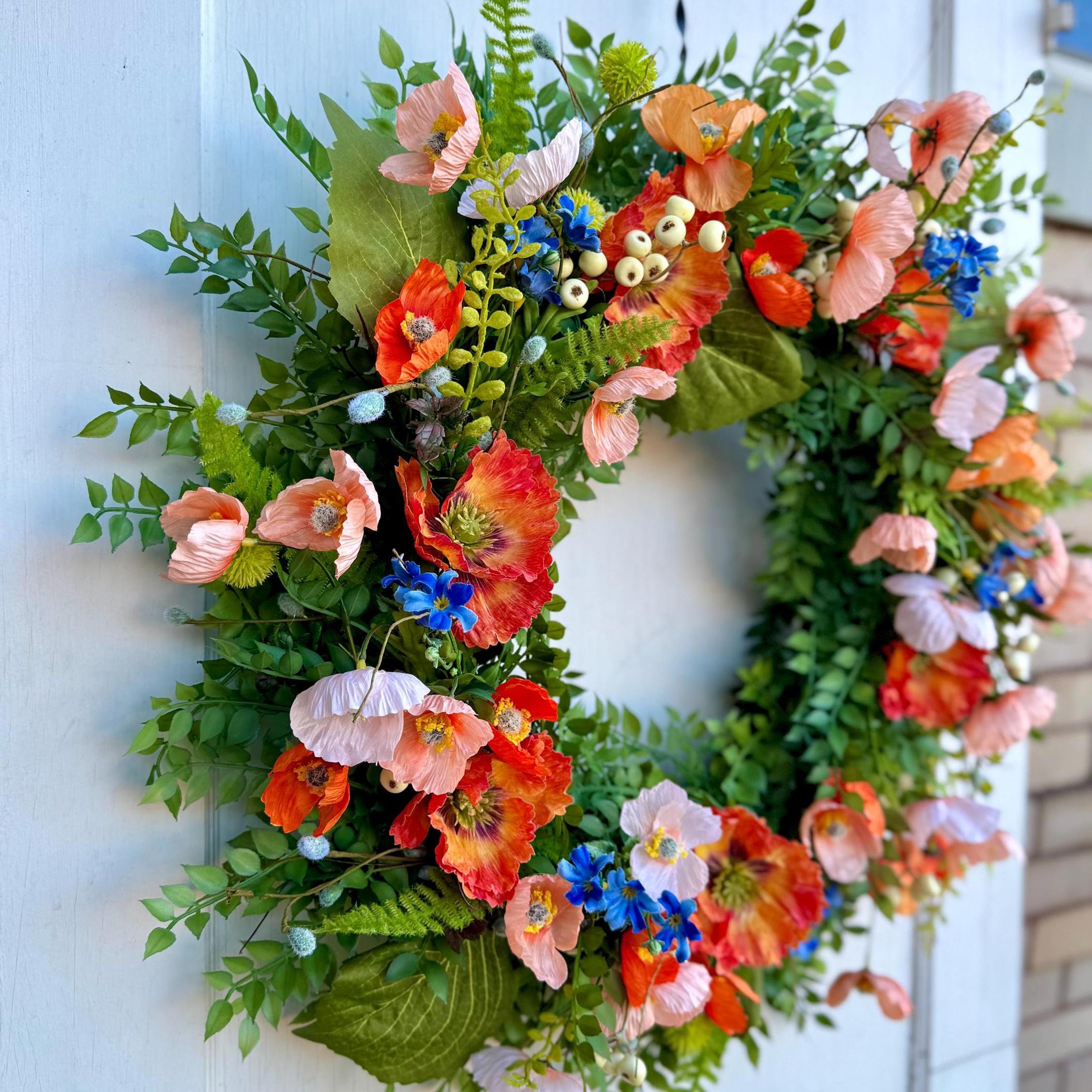 Summer Poppy Flower Ring, Realistic Poppy Front Door Wreath, Handmade Home Porch Party Decoration, Plastic Material, Daily Use