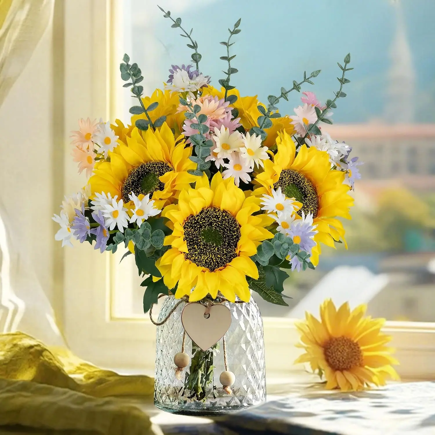 Sunflower Centerpieces for Tables, Artificial Sunflower Bouquet in Glass Vase with 5 Large Sunflowers, Eucalyptus Stems, Daisies, Faux Floral Arrangement for Kitchen, Bathroom, Party DecorGift
