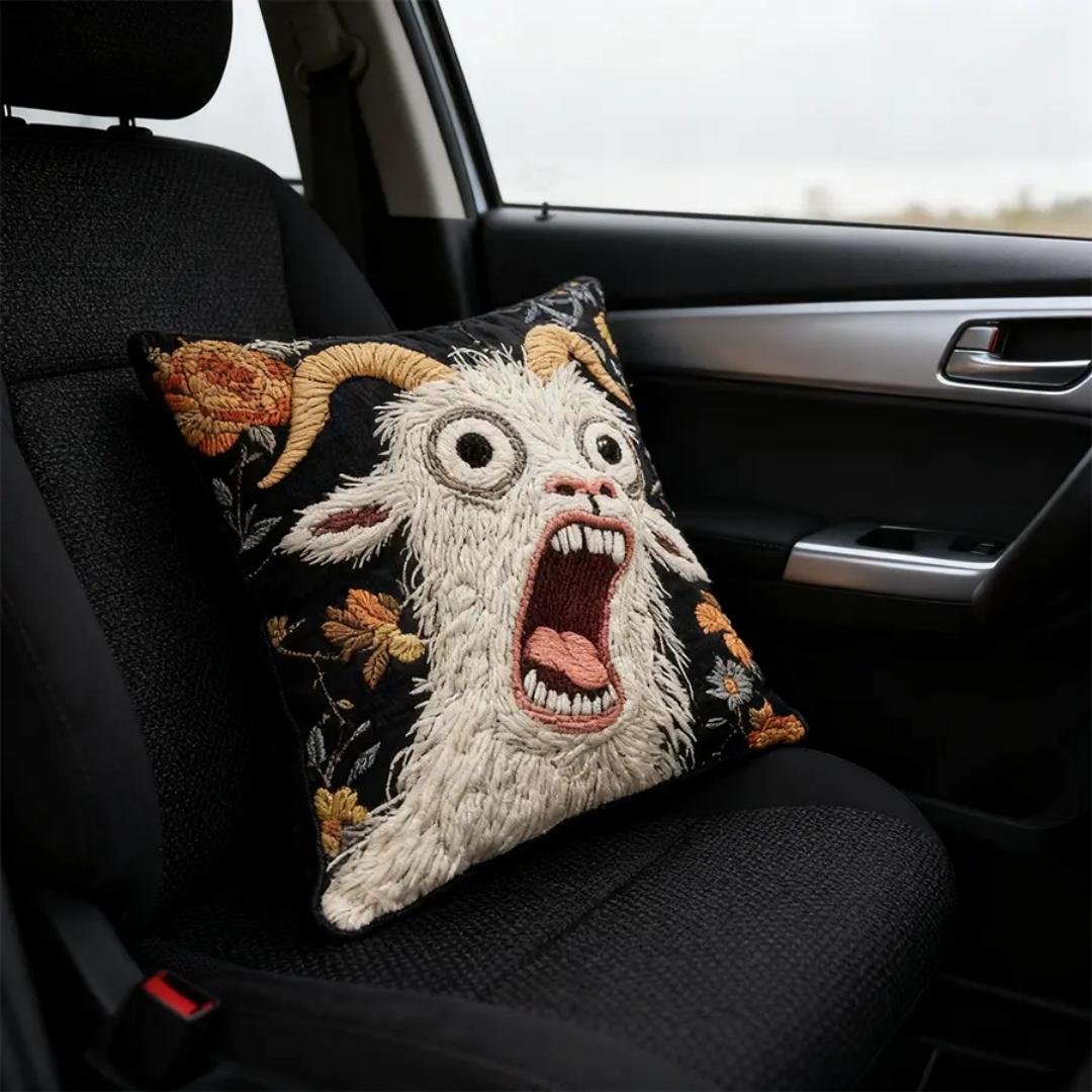Funny Screaming Goat Embroidered Throw Pillow, Vintage Floral Black Background Decorative Cushion, Viral TikTok Home Decor, Cute Animal Pillow for Couch, Bed, Office Chair