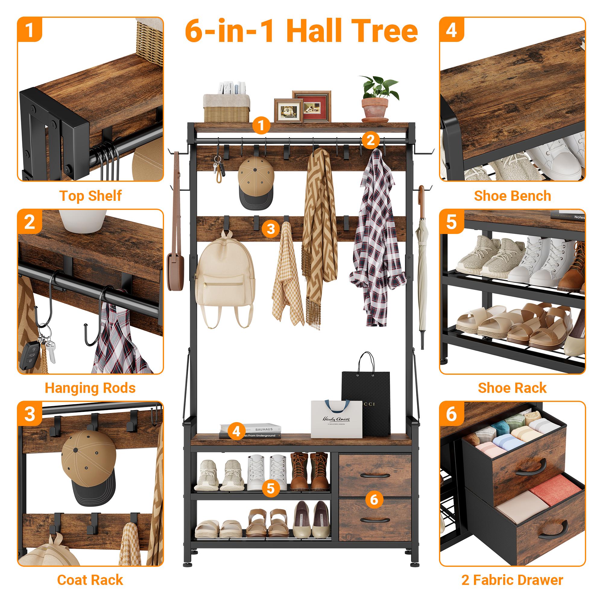 Aowos Hall Tree with Bench and Shoe Storage, 31”/39” Freestanding Entryway Storage Cabinet, 5-in-1 Coat Rack and Shoe Bench with Wall Organizer, 17 Hooks, Drawers and Shelves, Space-Saving Hall Tree for Entryway, Hallway, Foyer