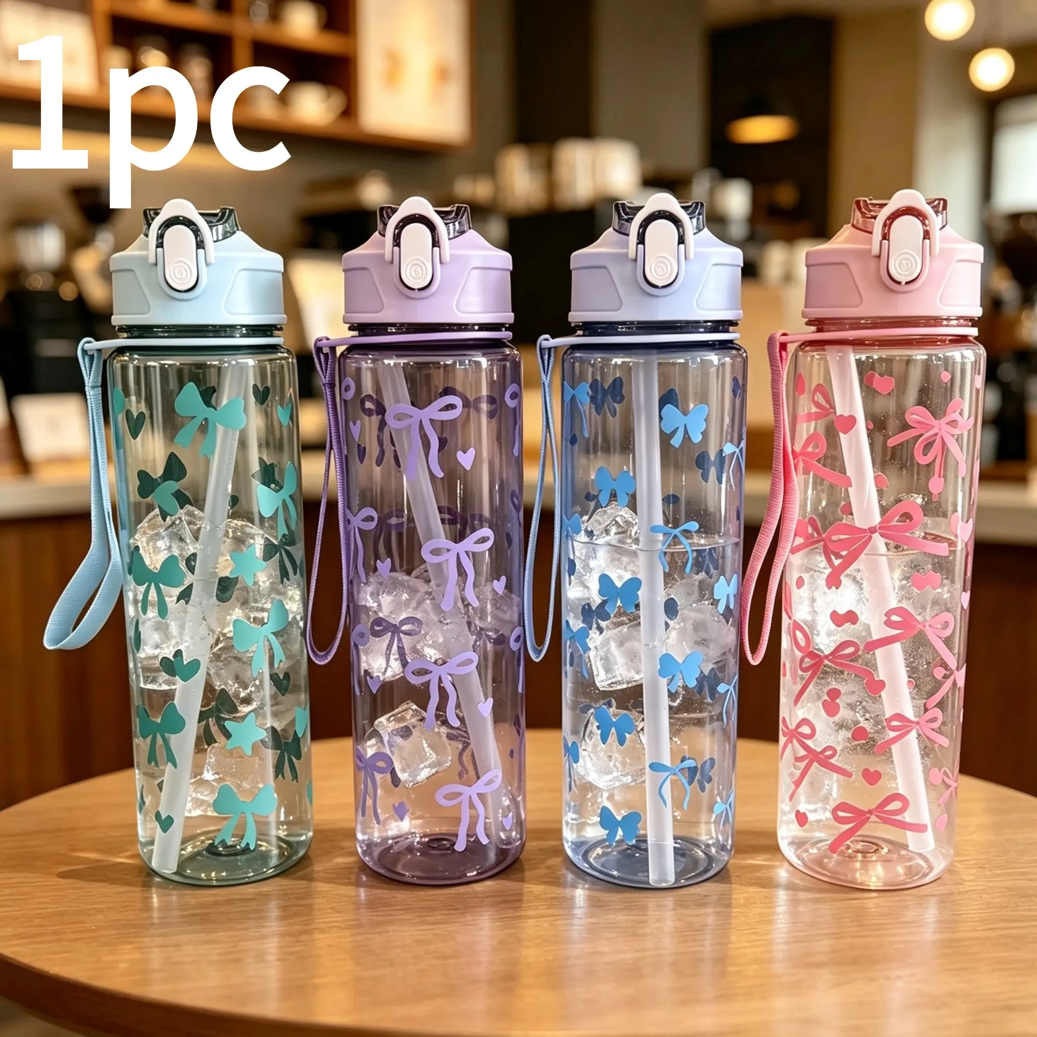 New Multi-Color Cute Bow Print Transparent Water Cup, Snap Lid Straw Cup with Lanyard, Large Capacity Portable Sports Drink Bottle, Ideal for Outdoor Camping Fitness, Clear Water Bottle
