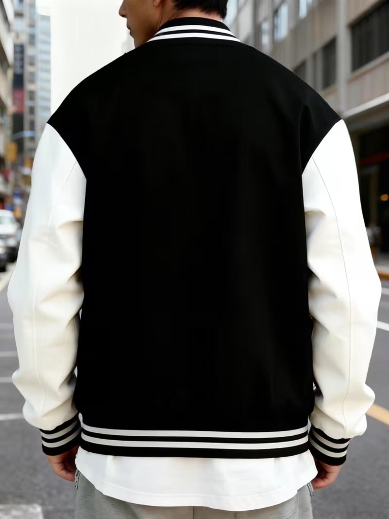 Trendy Baseball Jacket with Dragon Pattern, Colorblock Sleeves, Button Closure, Stretch Fabric, All Season Comfortable Outerwear