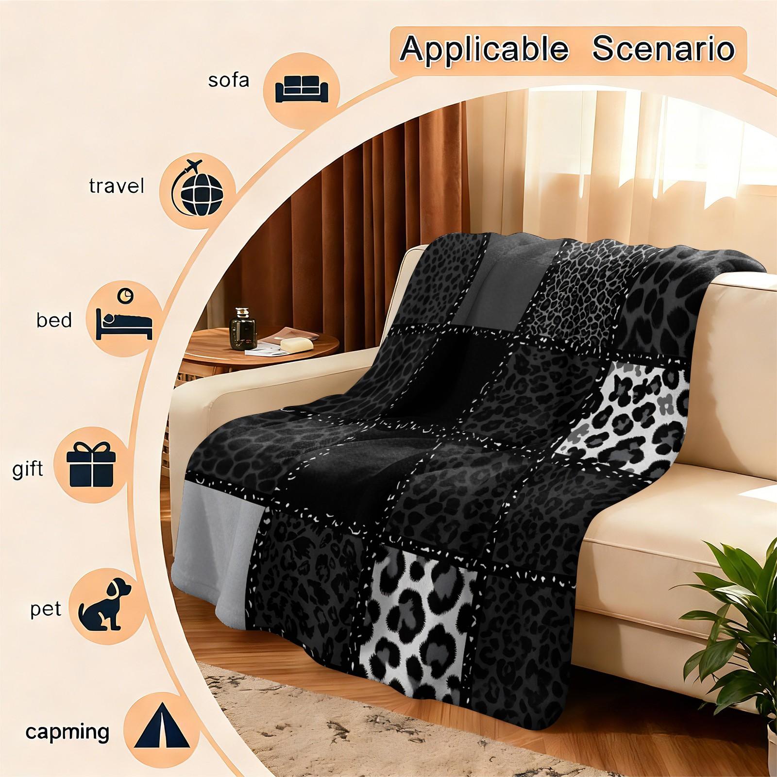 Dark Y2K Leopard Spliced Print Flannel Throw Blanket, Lightweight, Soft And Breathable, Cozy Throw Blankets. Black-Gray Cheetah Print Works For Sofas, Dorms, Travel And Camping. Delivers Cool Personal Charm, Trendy All-Season Blanket