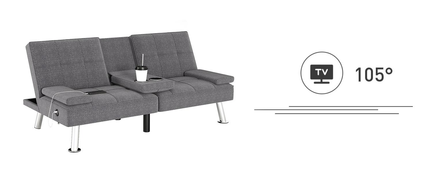 [TikTokShopBlackFriday]EBELLO  Futon Versatile Sofa Bed with Cup Holders USB Port Foldable 2-Seater Guest Bed for Living Room Gray,  Sofa Bed- Elegant
