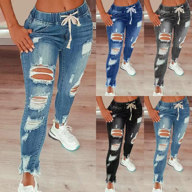 Women's trendy high waist ripped elastic waist drawstring jeans riden jeans perfect  jeans Pants Denim233