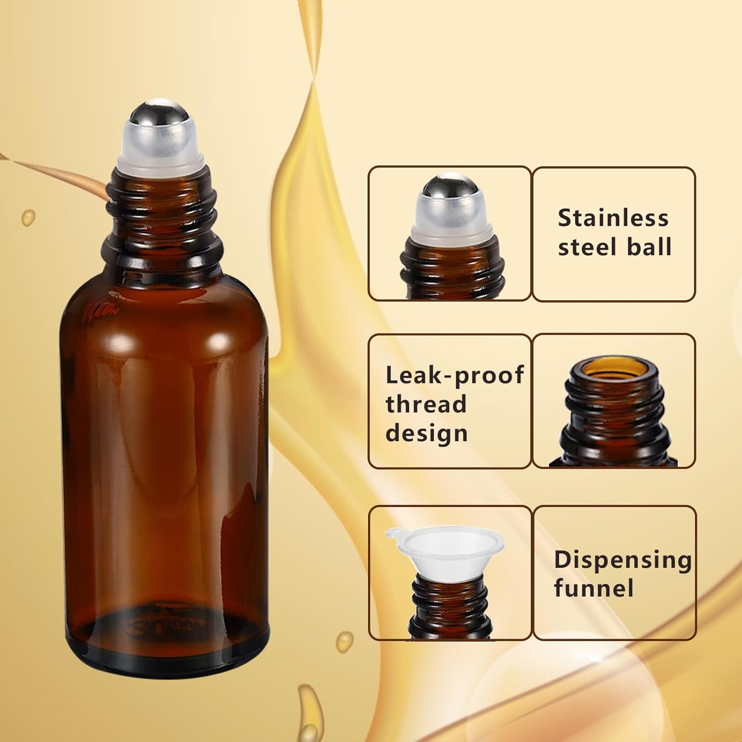 50ML Roller Bottles for Essential Oil, 3 Pack Empty  Glass Roller Bottle for Perfume Oil, Roll  Bottles with Stainless Steel Roller Balls, Opener, Funnel and Dropper