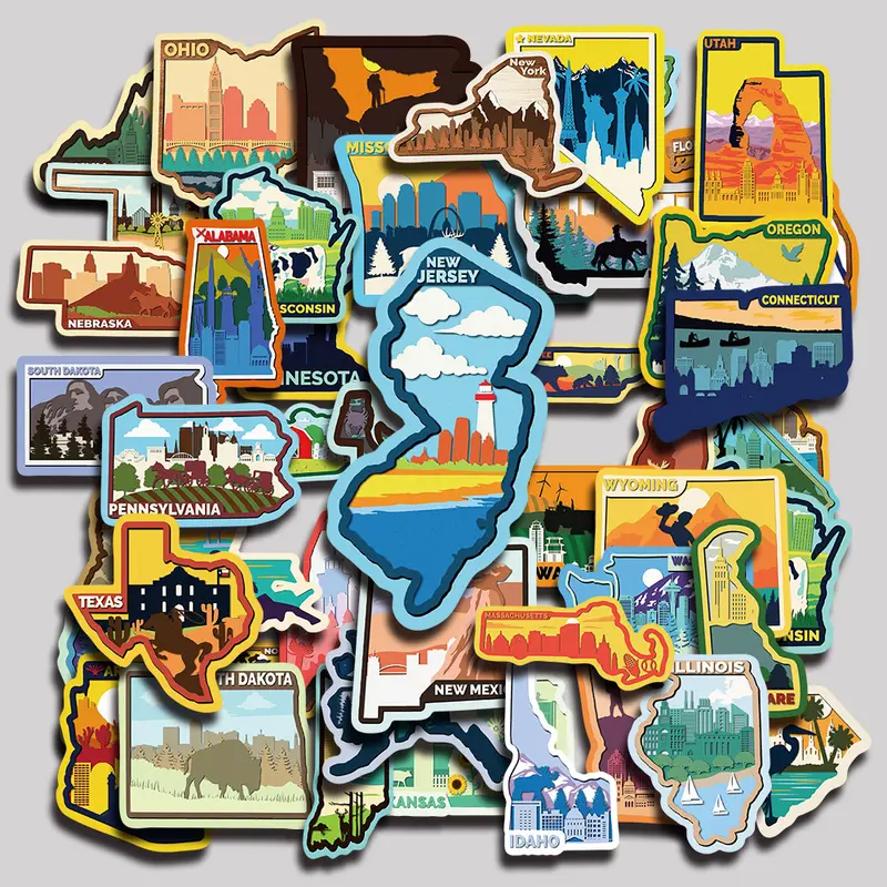 50PCS Colorful Border US States Aesthetic Vinyl Stickers Pack for Laptop Water Bottle Phone Case Skateboard Journal Scrapbook DIY Decoration