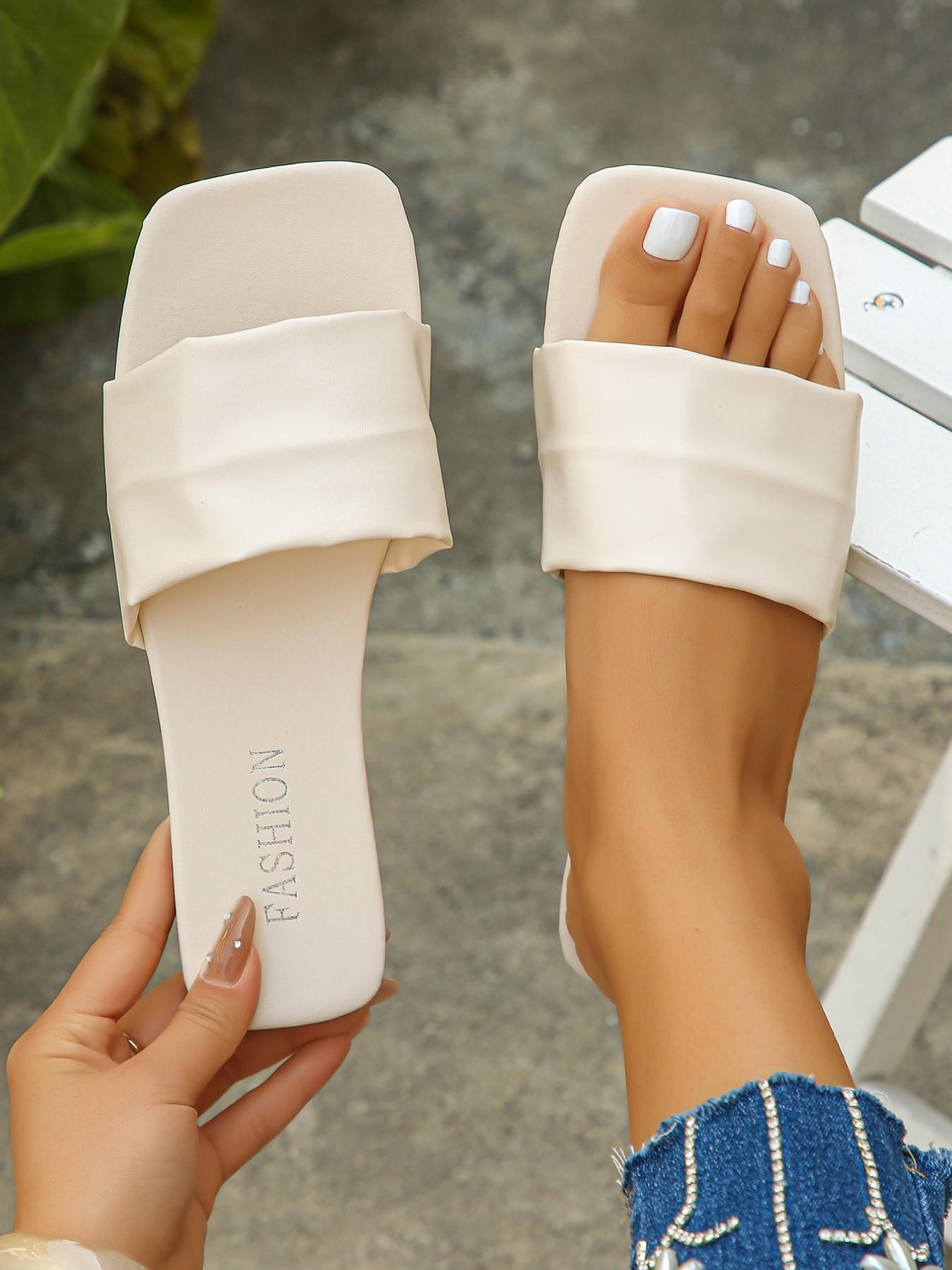 Women's Folded Design Sandals, Casual Fashion Square Toe Flat Shoes, Lightweight Comfortable Beach Resort Slippers