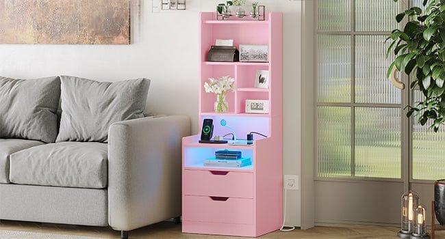 Sikaic LED Tall Nightstand with Bookshelf Charging Station Pink Modern Bedside Table with 2 Storage Drawers and Open Storage Space night light gift for teen girl