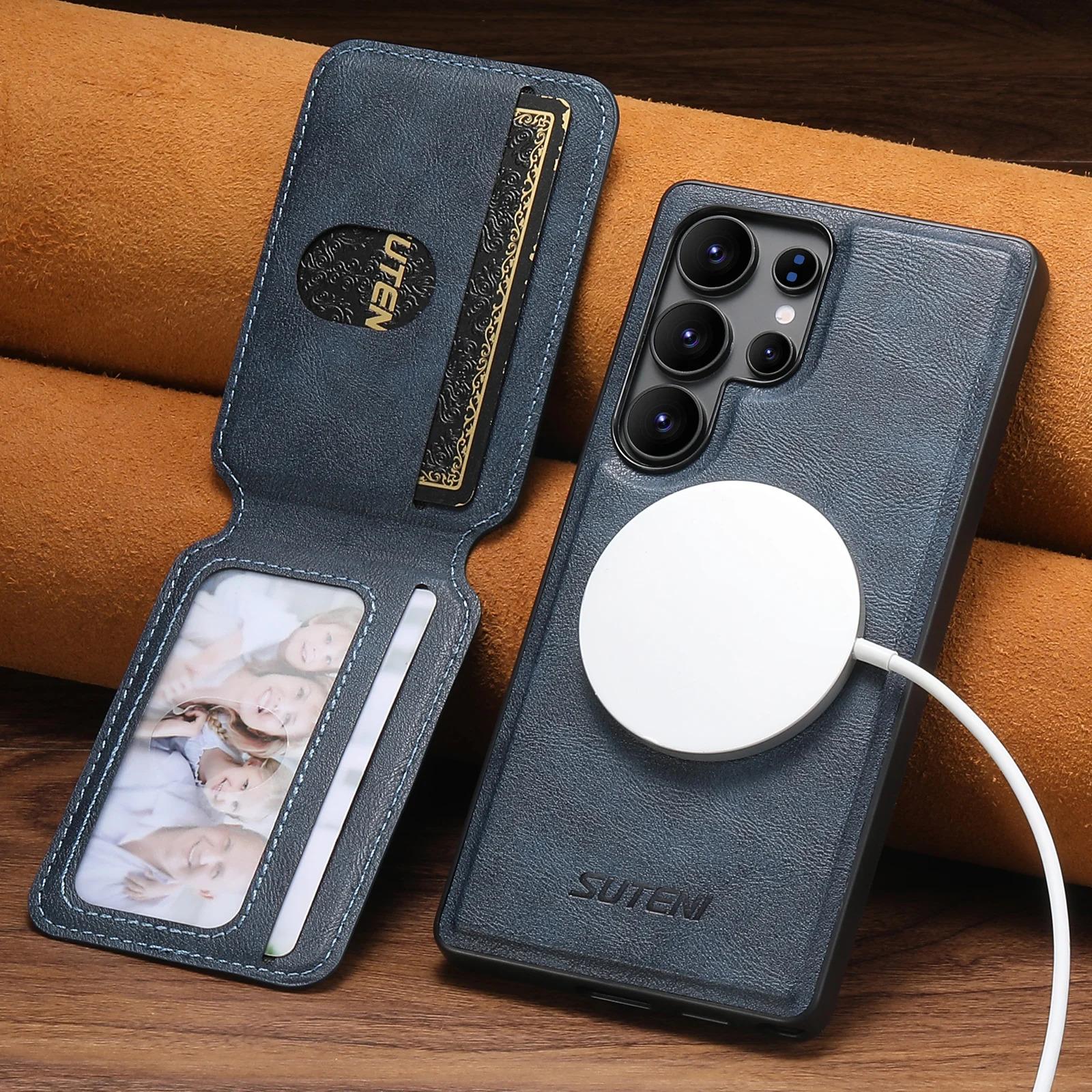 Magnet Wireless Charging Luxury Faux Leather Phone Case Card Holder Stand For Samsung Galaxy S26 Ultra S25 S24 S23 S22