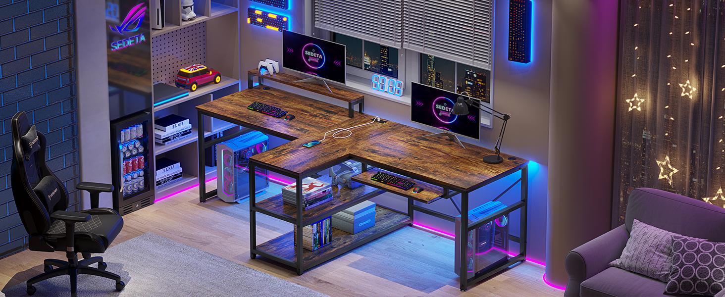 SEDETA 94.5" Home Office Desks, Computer Gaming Desk with Storage, LED Lights, Power Strip with USB, Keyboard Tray & Monitor Stand, Extra Long Double Desk for 2 Person