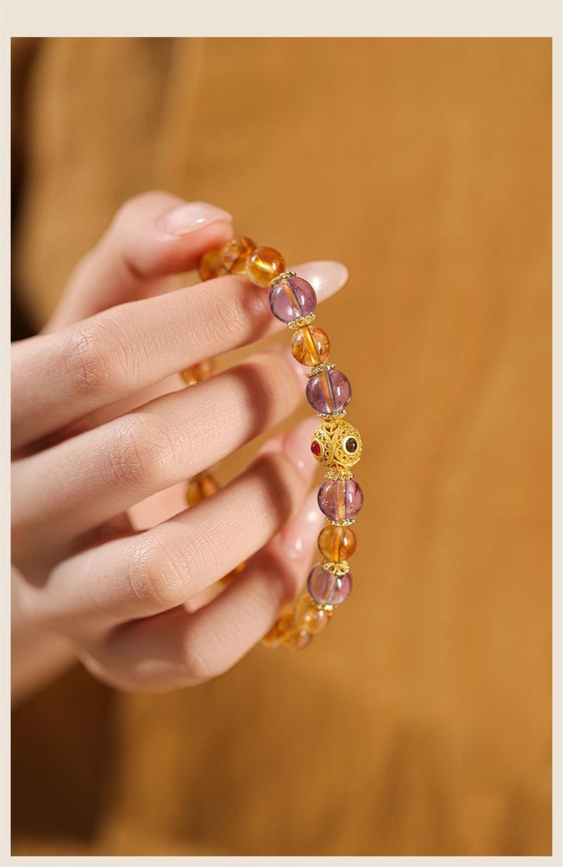 [Golden Wealth Return] crystal bracelet, yellow citrine amethyst super seven, unisex, daily wear birthday gift, natural stone gold accent, wealth prosperity symbol