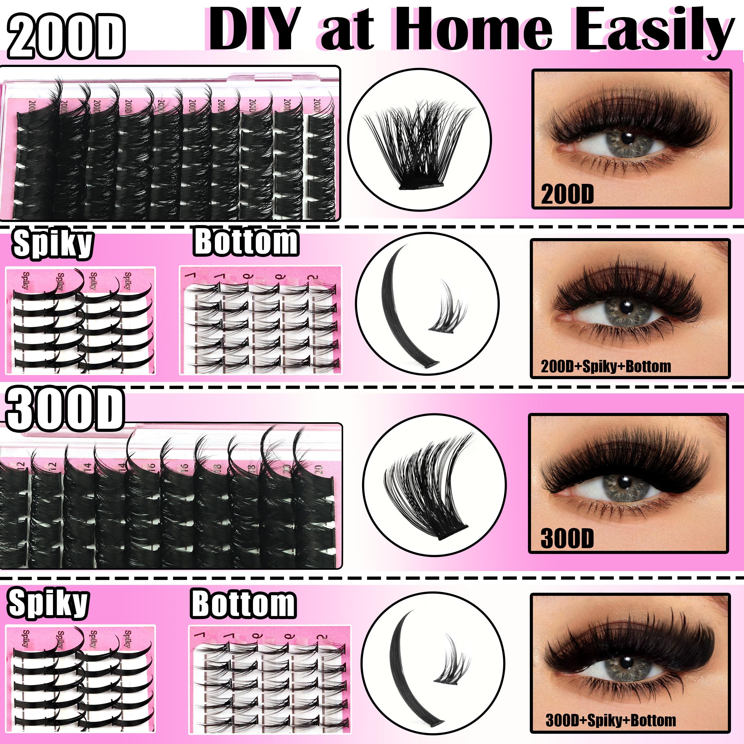 420Pcs Eyelash Cluster Kit Bottom/Spiky/200D/300D Volume Lash Clusters Kit 5-20mm Volume D-Curly Eyelash Extensions Kit with Lash Bond and Seal Tweezers Remover Eyelash Glue Tweezers DIY at Home Easily