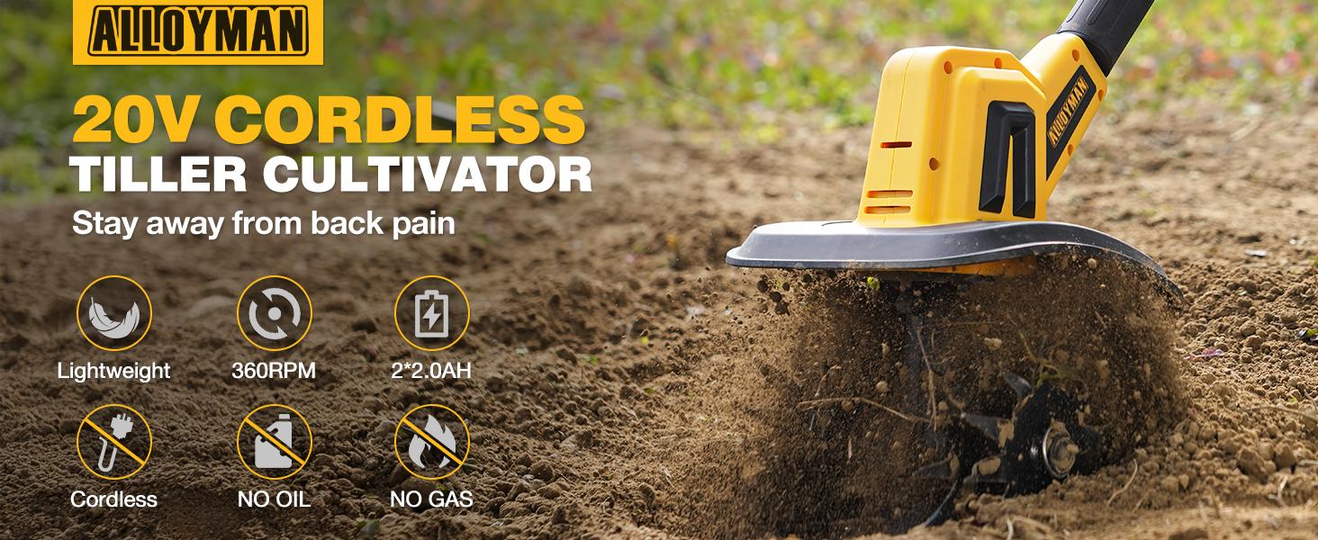 Alloyman 20V Cordless Tiller Cultivator, 360RPM Electric Garden Tiller, with 2 * 2.0Ah Batteries & Charger, 9In Tilling Width and 6.6In Depth Garden Rototiller for Lawn/Gardening/Soil Cultivation, Gifts for Perfect Christmas and New Year Idea