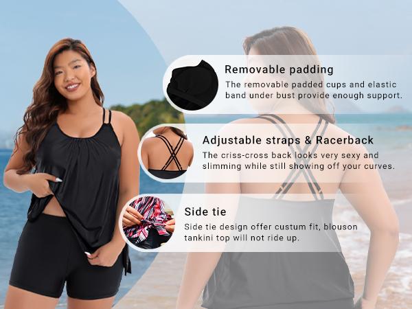 Holipick Women Plus Size Two Piece Tankini Swimsuit Tummy Control Bathing Suits Blouson Tankini Top with Boy Shorts