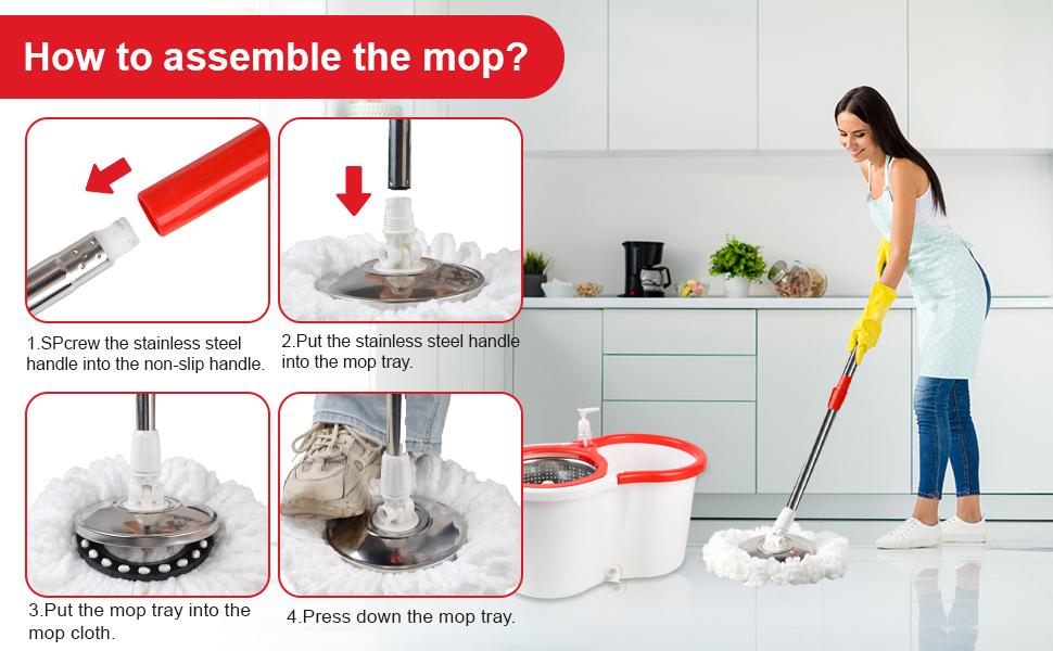 Spin Mop Bucket With Wringer Set, 6 Microfiber Mop Heads,1 Floor Scrub Brush And 61" Stainless Steel Adjustable Handle For Floor Cleaning White