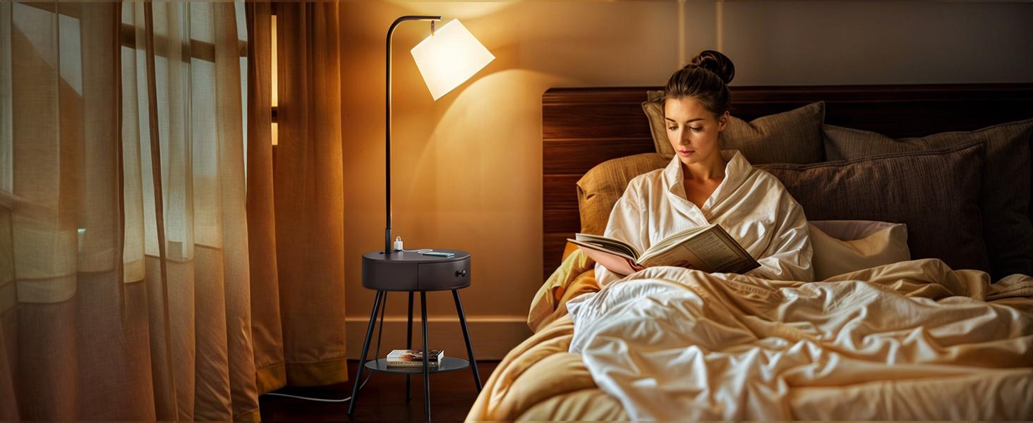 DWVO Floor Lamp with Table & Drawer, Side Table Lamp with USB & Type-C Charging Ports, 2 Power Outlet, 3 Color Temperature, E26 Socket, Suitable for Living Room, Bedroom, Office