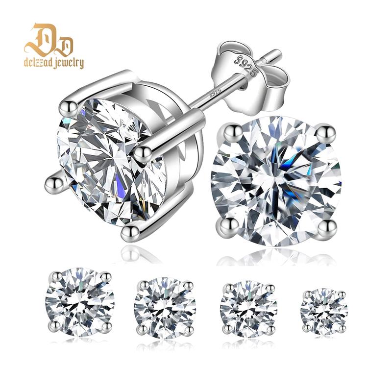 Delzzad 18k Gold-Plated Four Prong Stud Earrings Round Synthetic Moissanite Prong Stud Earrings Jewelry S925 Anniversary Day Birthday Valentine's Day Christmas Gifts For Men Women