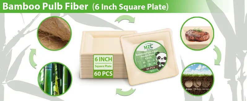 60pcs  MZLBAMBOO Disposable Compostable Square Paper Plates 6 Inch  Waterproof Oilproof Heavy-Duty Microwave For Picnic, Camping, Party, Travel