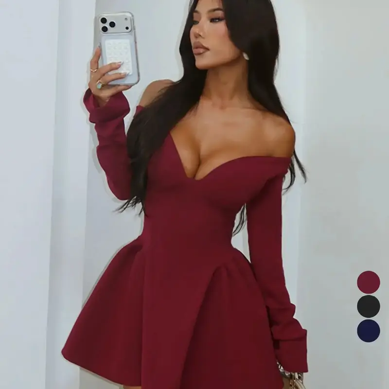 Women's Plain Off Shoulder A Line Dress - Feminine Elegant Long Sleeve Formal Wear Outfit for Valentine's Day, Party, Wedding Guest & Holiday