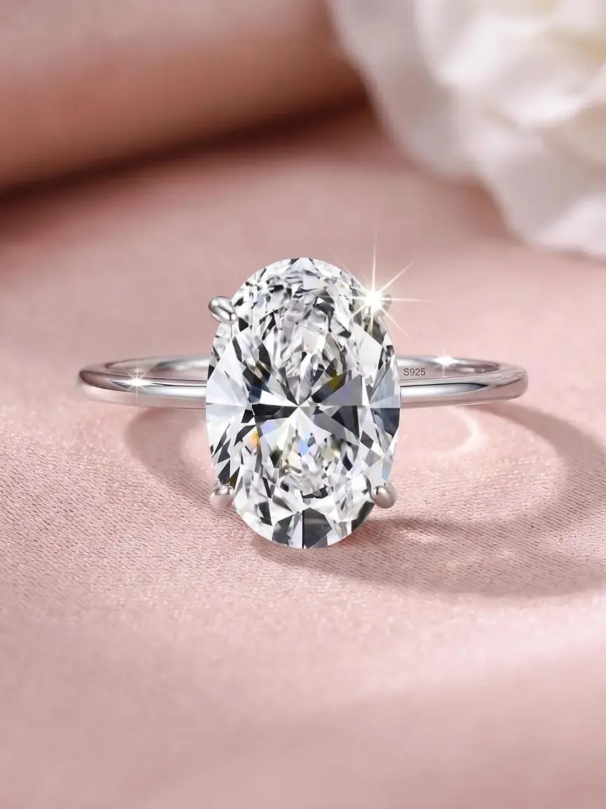 Women's Ultra-Shiny Oval Zircon Ring, Imitation Diamond Ring, Luxury High-End Feel, Large Carat Long Oval Cut Fashion Engagement Ring