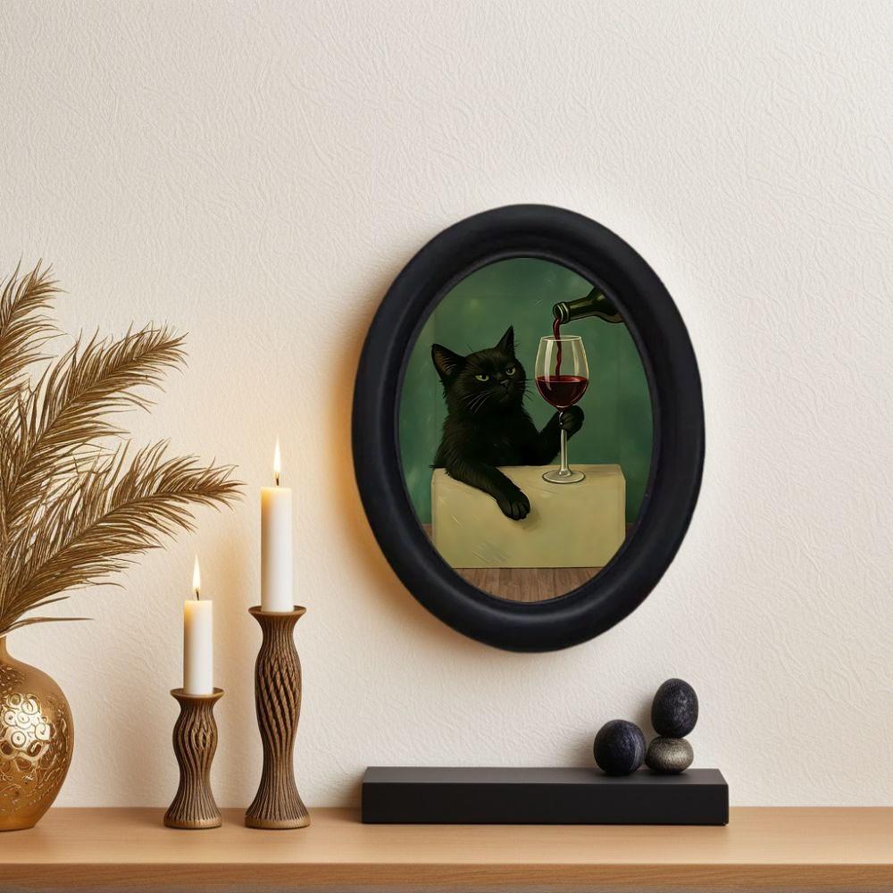 Whimsical Framed Cat Wall Decor with Wine, Unique Mini Wooden Hanging Art, Perfect Gift for Cat Lovers & Kitchen Decor