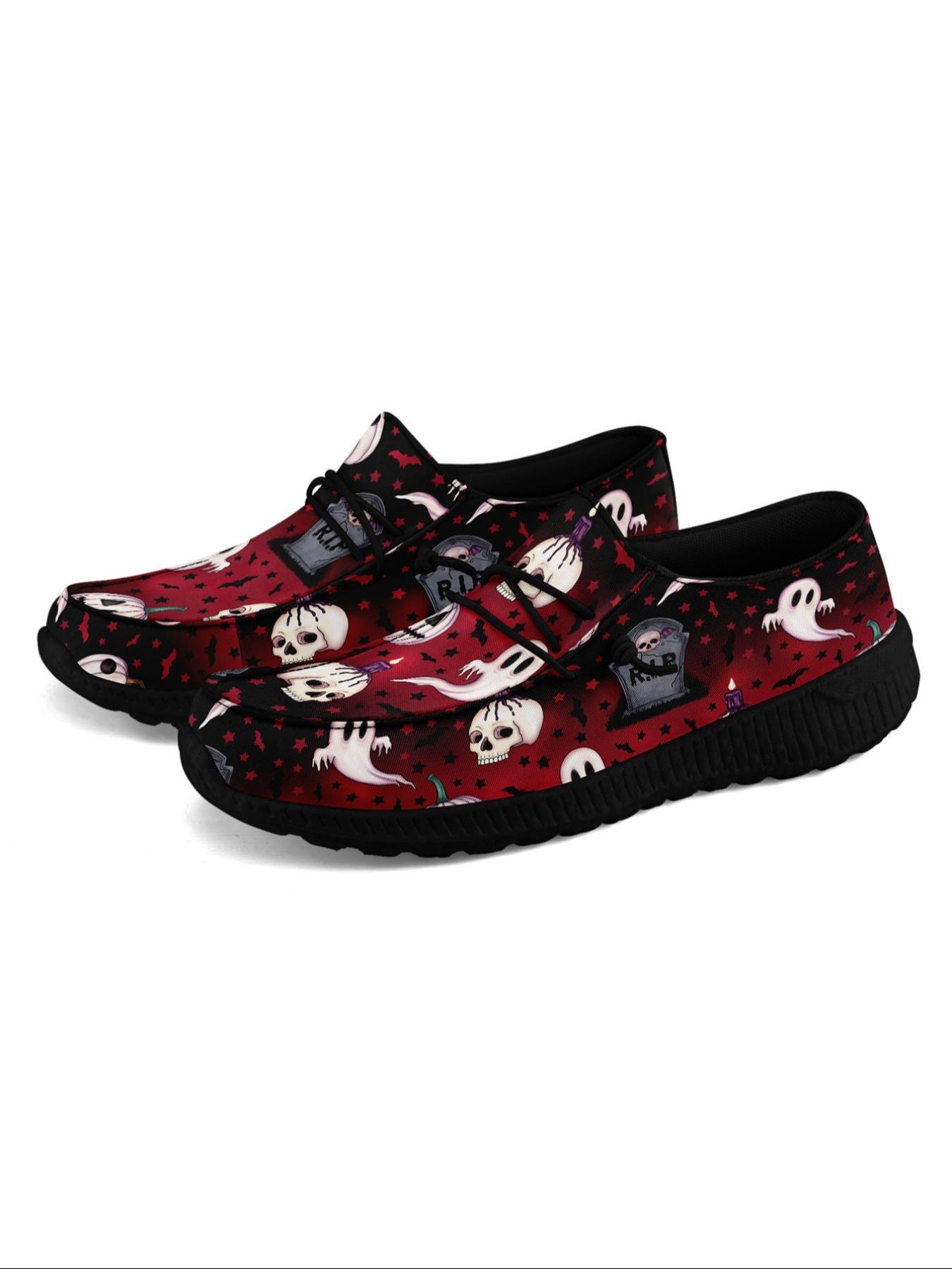 Women's Halloween Themed Ghost & Pumpkin Print Lace Up Low Top Sneakers, Casual Comfortable Breathable Sports Shoes, Fashionable All-match Sneakers for Daily Wear