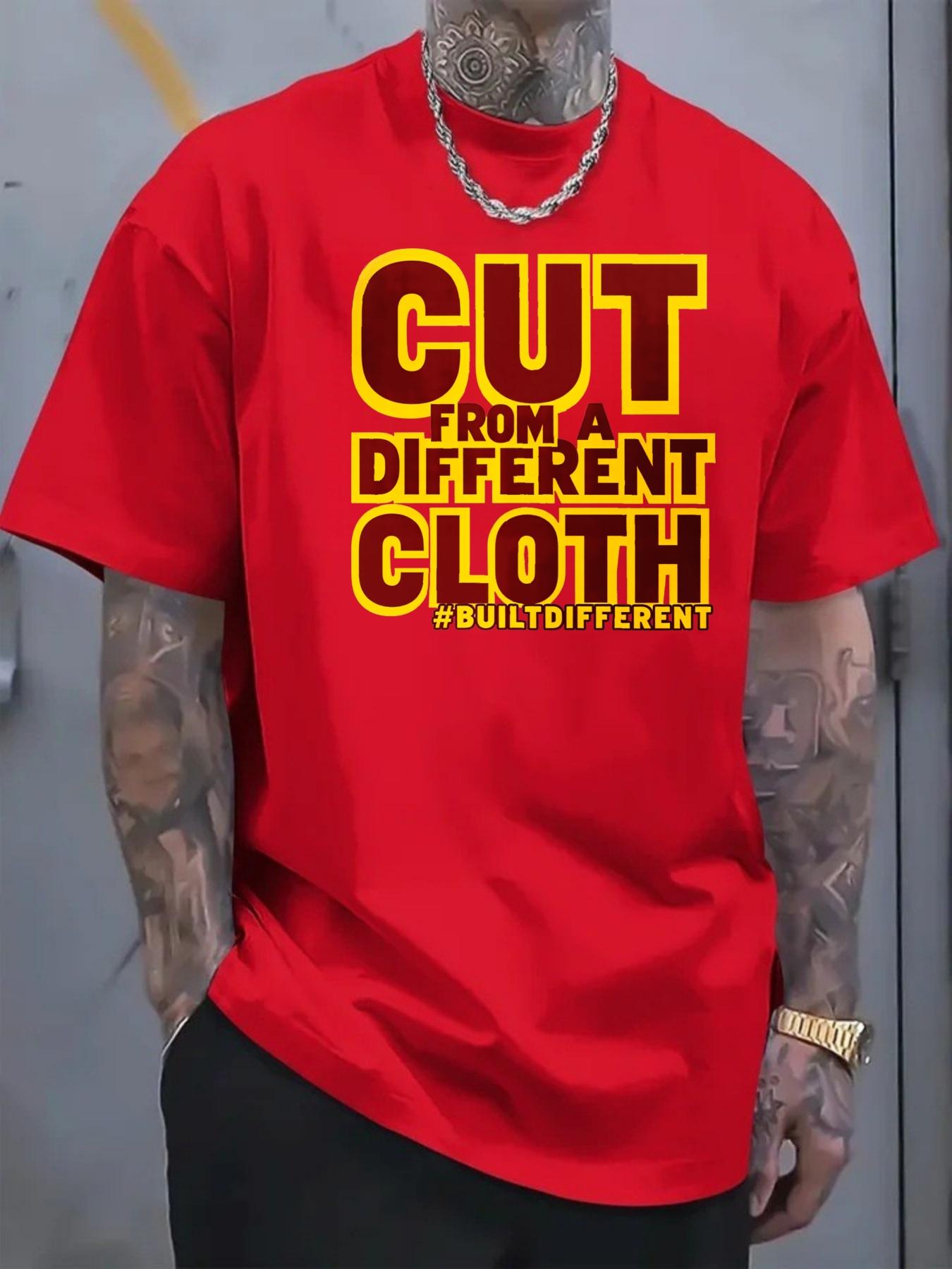 Men's T-shirt with trendy short sleeves featuring the printed text "CUT FROM A DIFFERENT CLOTH", ideal for casual streetwear