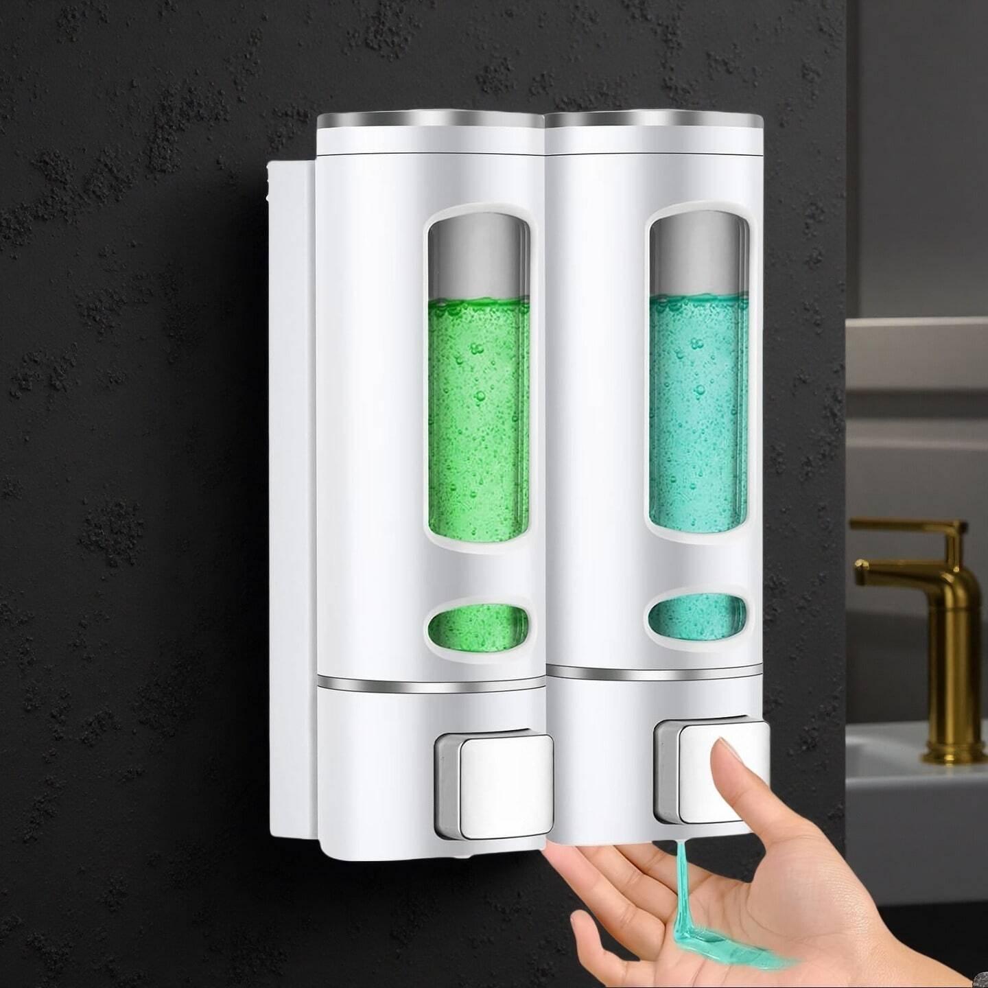 Wall Mounted Shampoo & Conditioner Dispenser Set, No Drill Installation, 400ML Liquid Soap Shower Pump, Bathroom Organizer