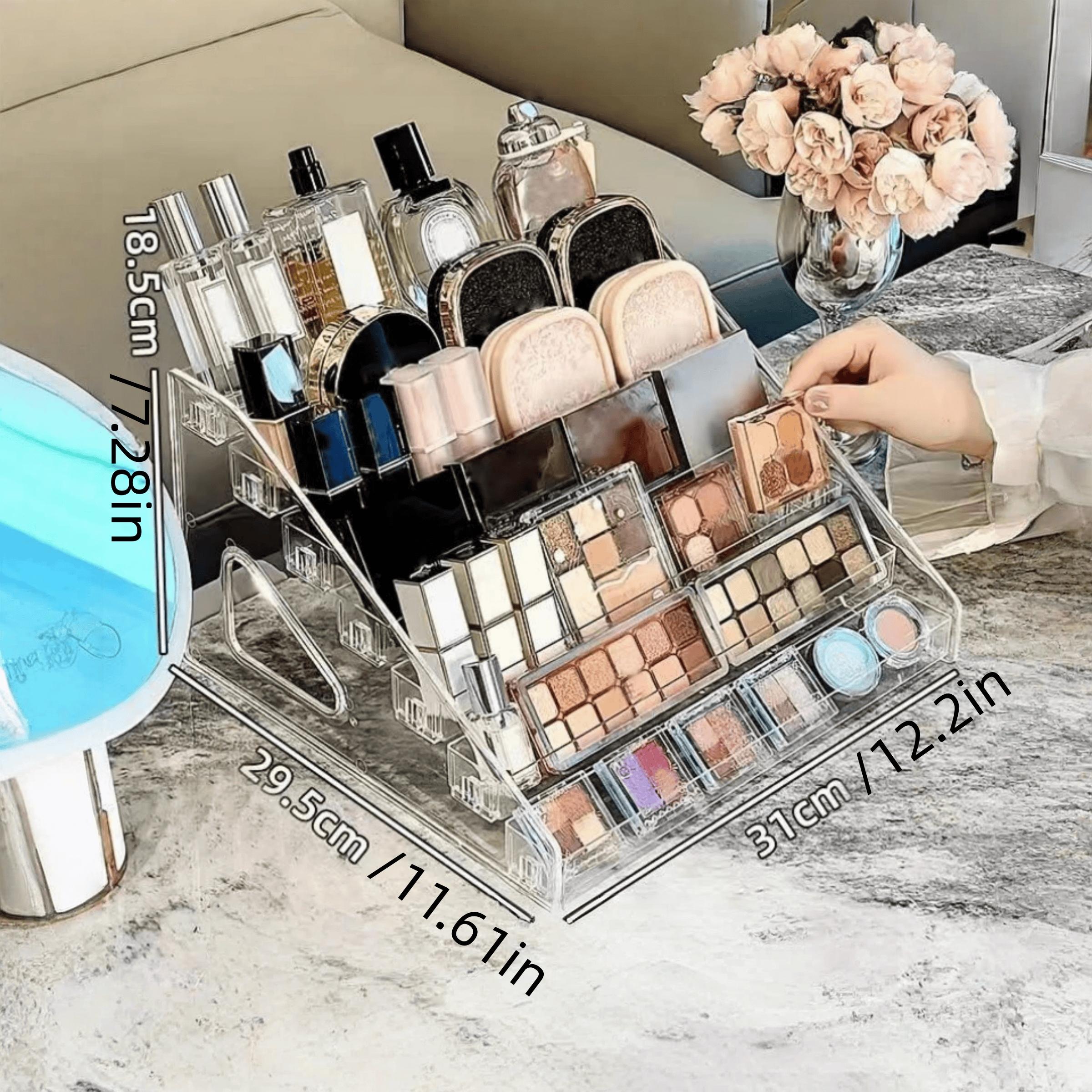 Transparent Acrylic Makeup Organizer Box, 3-Layer Stackable Cosmetic Storage Rack with Dividers, Large Capacity Vanity Display Shelf
