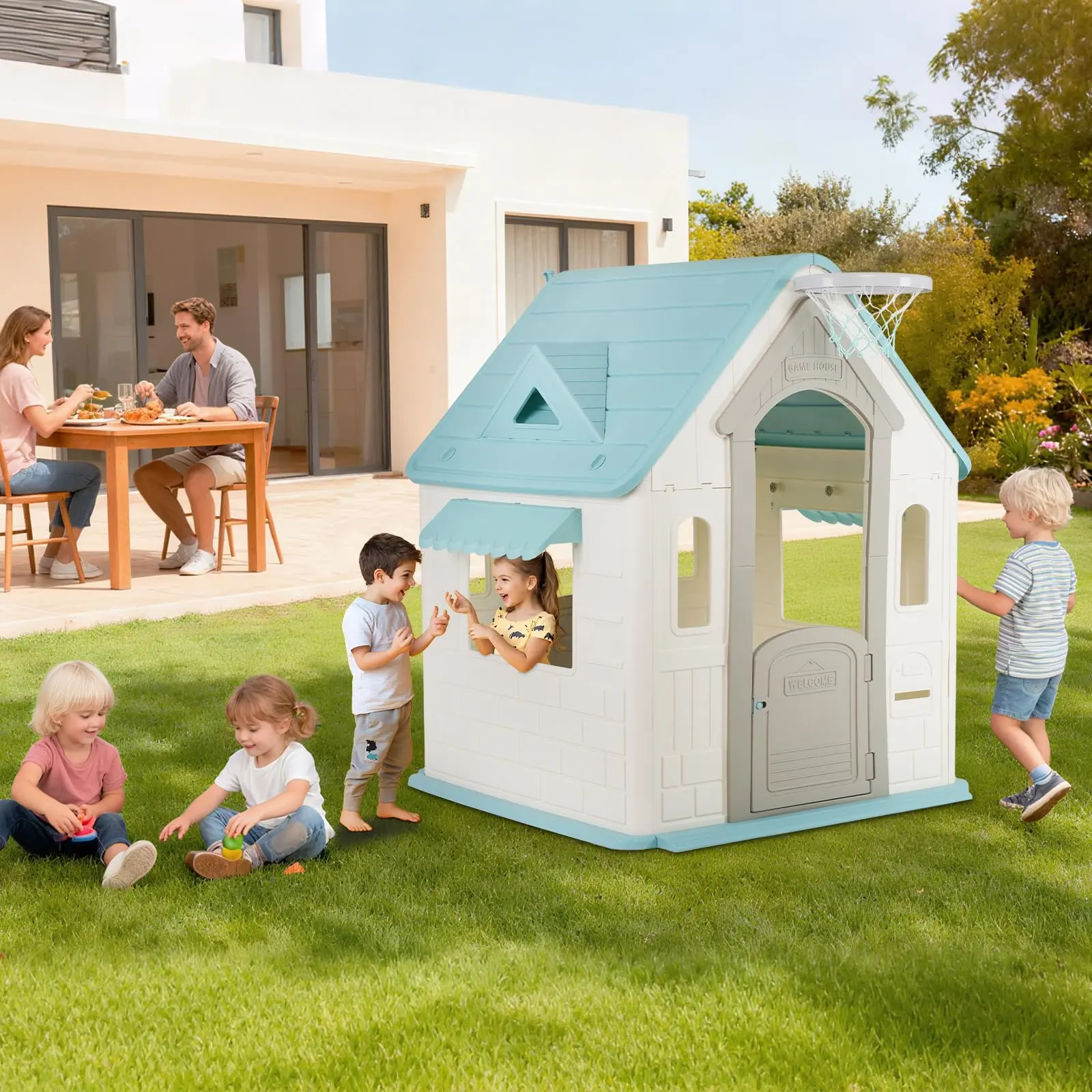 4-in-1 Outdoor Playhouse for Kids – Basketball Hoop, Soccer Goal, Magnetic Dartboard, Ring Toss – Durable Plastic Cottage with Mailbox, Windows & Half Door – Toddler Playset for Backyard & Indoor Fun