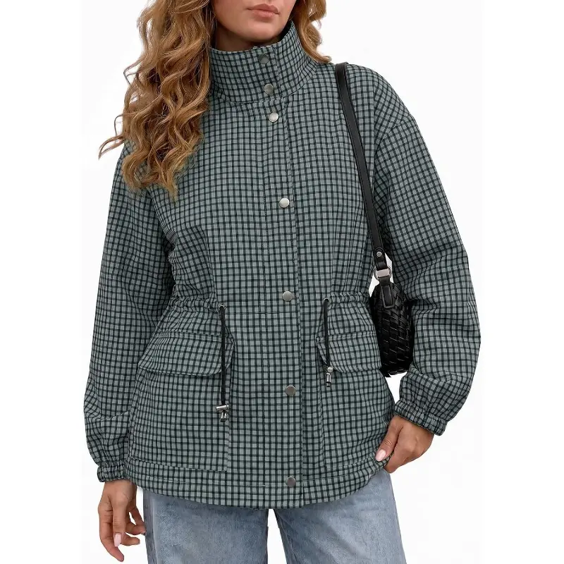 Tankaneo Women's Gingham Zipper Barn Jacket - Loose Fit, Windproof Tops with Drawstring, Button, Check Cargo Design, Ideal for Thanksgiving Outdoors, Easy to Pair with Bottoms, Trench Coat, Chic,sohochic