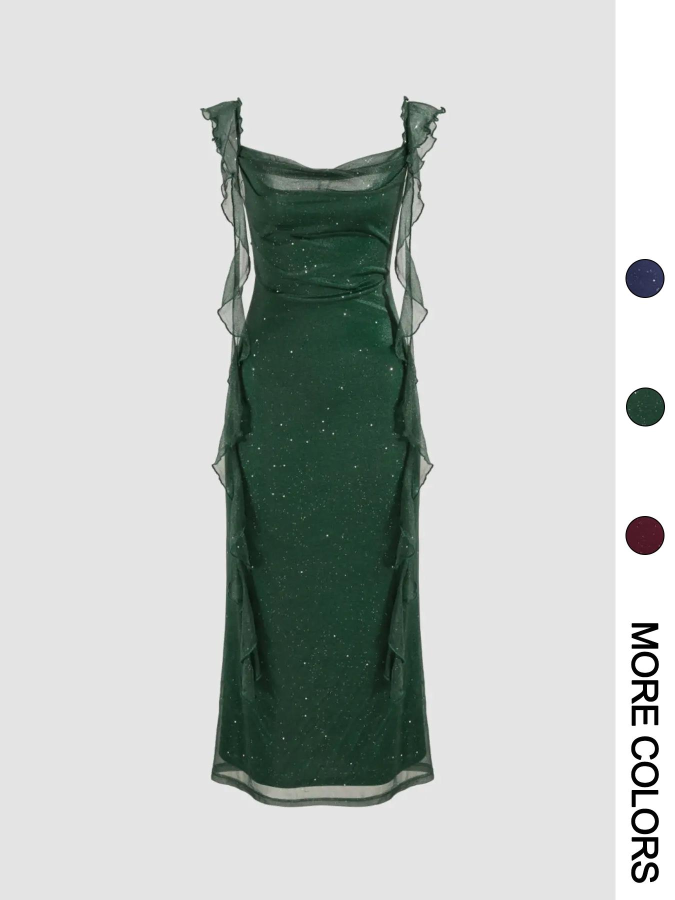 prom dresses，Valentine's Day Women's Formal Solid Glitter Ruffle Trim Dress, Elegant Sleeveless Dress for Party Club Dating Wear, Ladies Clothes for All Seasons