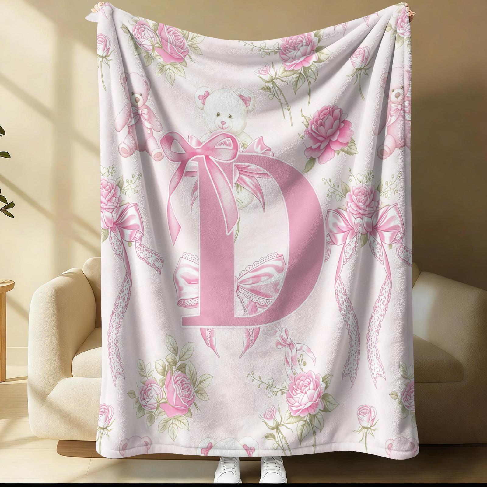 Pink Coquette Initial Letter Throw Blanket, Soft Fuzzy Plush, Teddy Bear & Rose Floral, Girly Bow Print, Lightweight for Couch Bed Office, All Seasons, Aesthetic Room Decor, Perfect Gift