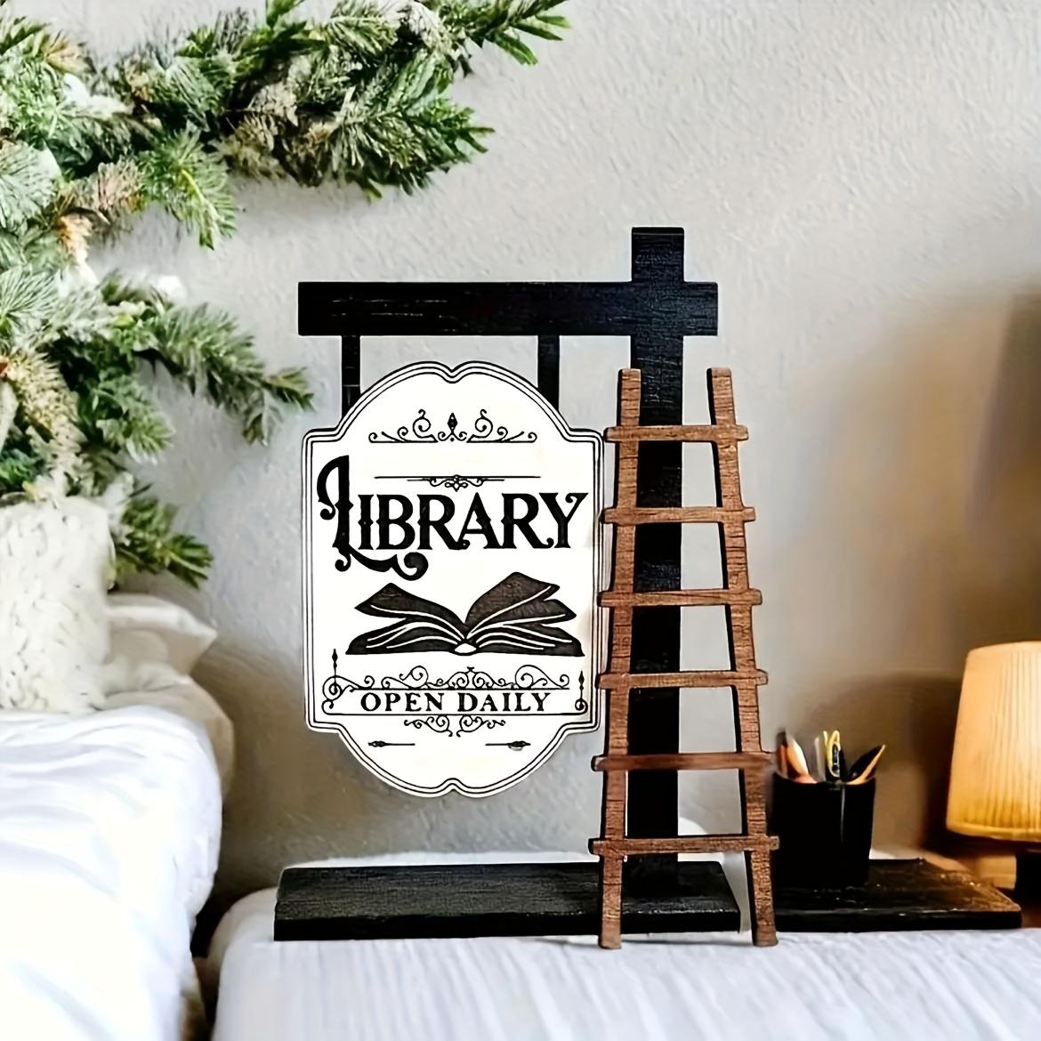 Vintage Wooden Library Sign, Elegant Shelf Design, Mini Desktop Decor, Wood Material, English Text, Home and Office, Desk Accessories