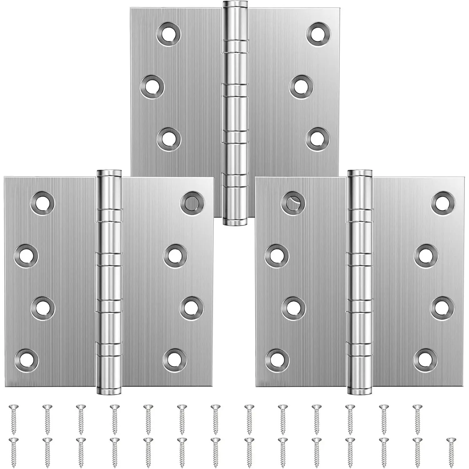 Ball Bearing Door Hinges, 4 x 4 Inches, Brushed Nickel, 3 Pack | Square Corner, Stainless Steel, Heavy Duty, Smooth and Non Removable Pin