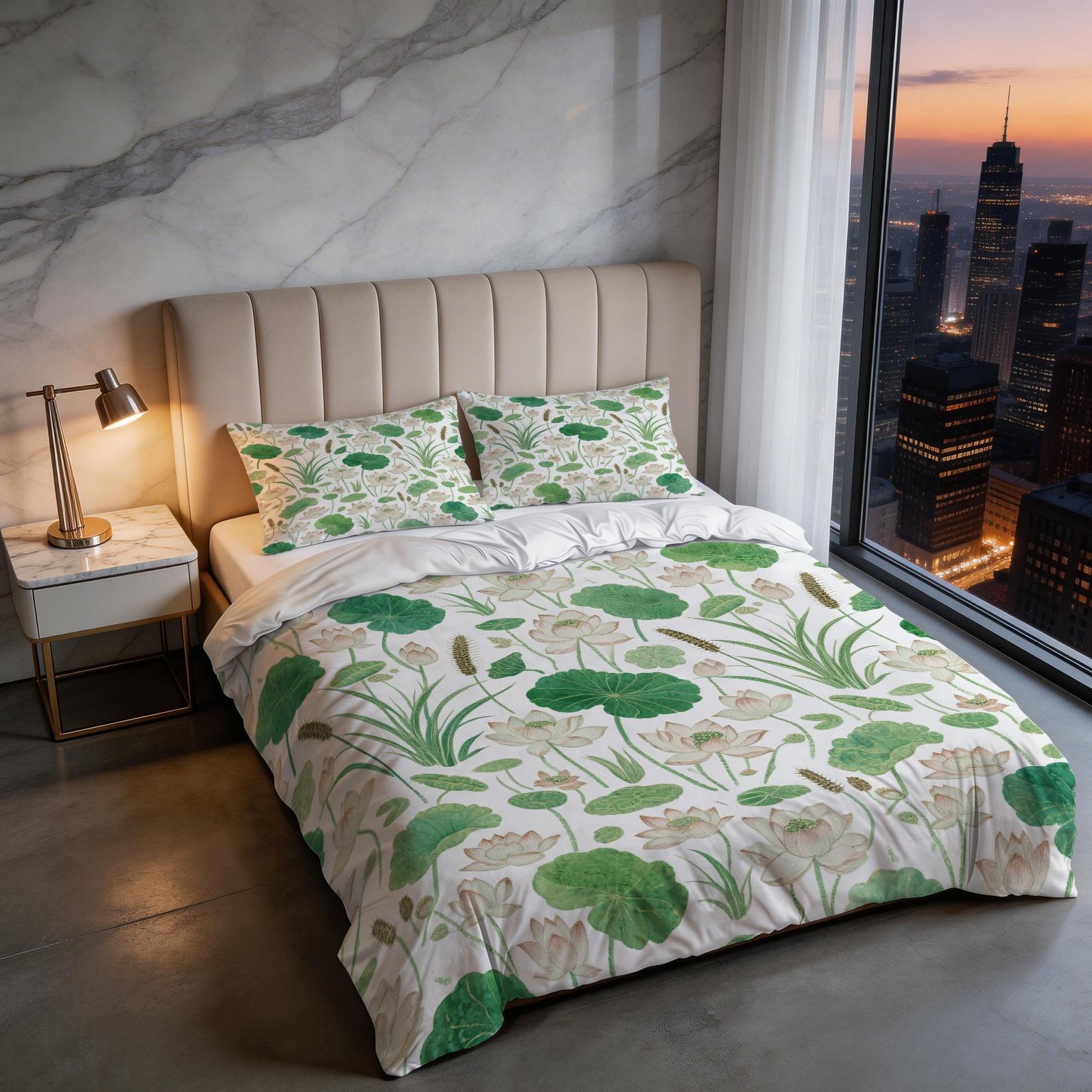 2/3 Piece Watercolor Lotus Pond Duvet Cover Set, HD Digital Printed Comforter Cover, Soft Breathable Bedding Set with Zipper Closure for Bedroom Home Decor (NoInsert)