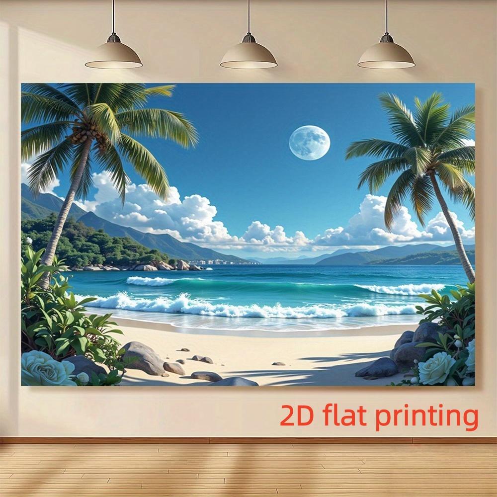 2D Flat Seaside Background Decoration Supplies, 1 PC Hawaiian Beach Scene Hanging Cloth - Tropical Party Banner with Palm Trees, Waves and Full Moon, Perfect Gift for Weddings, Birthdays, Anniversaries and All Seasons Home and Event Decoration, Hawaiian P
