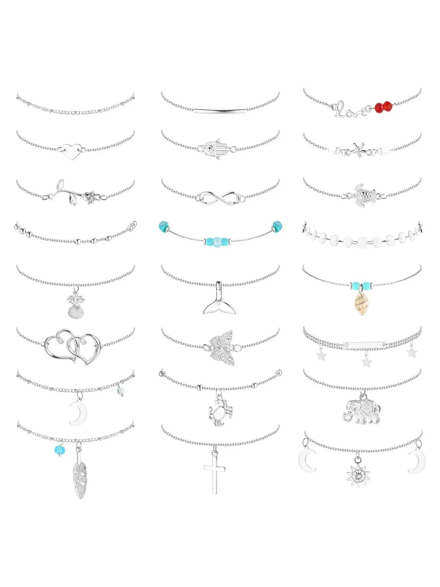 24 Pcs Ocean Boho Ankle Bracelets Stackable Alloy Anklets for Unisex Diverse Charm Designs Floral Celestial Marine Animal Religious Cross Geometric Elements Slim Beaded Chains with Vivid Pendants Seaside Vacation Style Foot Accessory Ideal Daily Ornaments