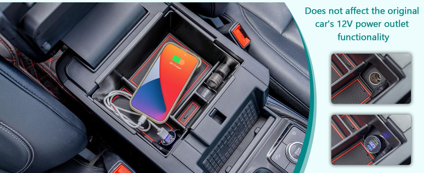 2020-2026 Ford Explorer Console Organizer Tray - Compatible with 2020+ Ford Explorer Deep Armrest Storage Box with Coin Holder & Non-Slip Mats, Red Interior 6th Gen Explorer Accessories